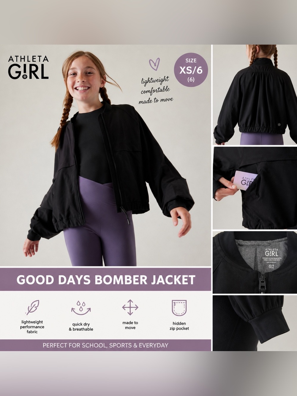 Athleta Girl Kids Good Days Bomber Jacket - Black Sz 6